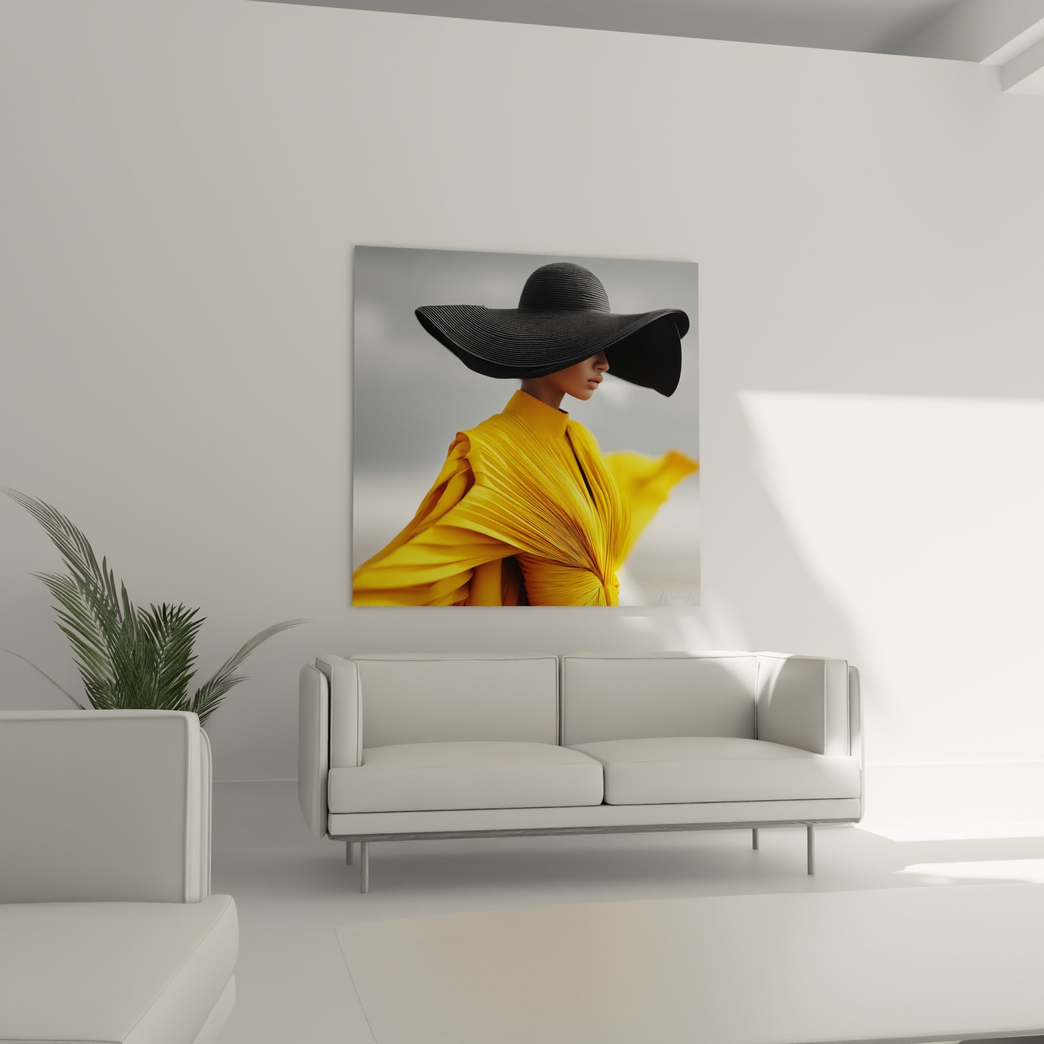 Femme voilée par un large chapeau noir et vêtue de jaune vif, au-dessus d'un canapé dans un salon lumineux