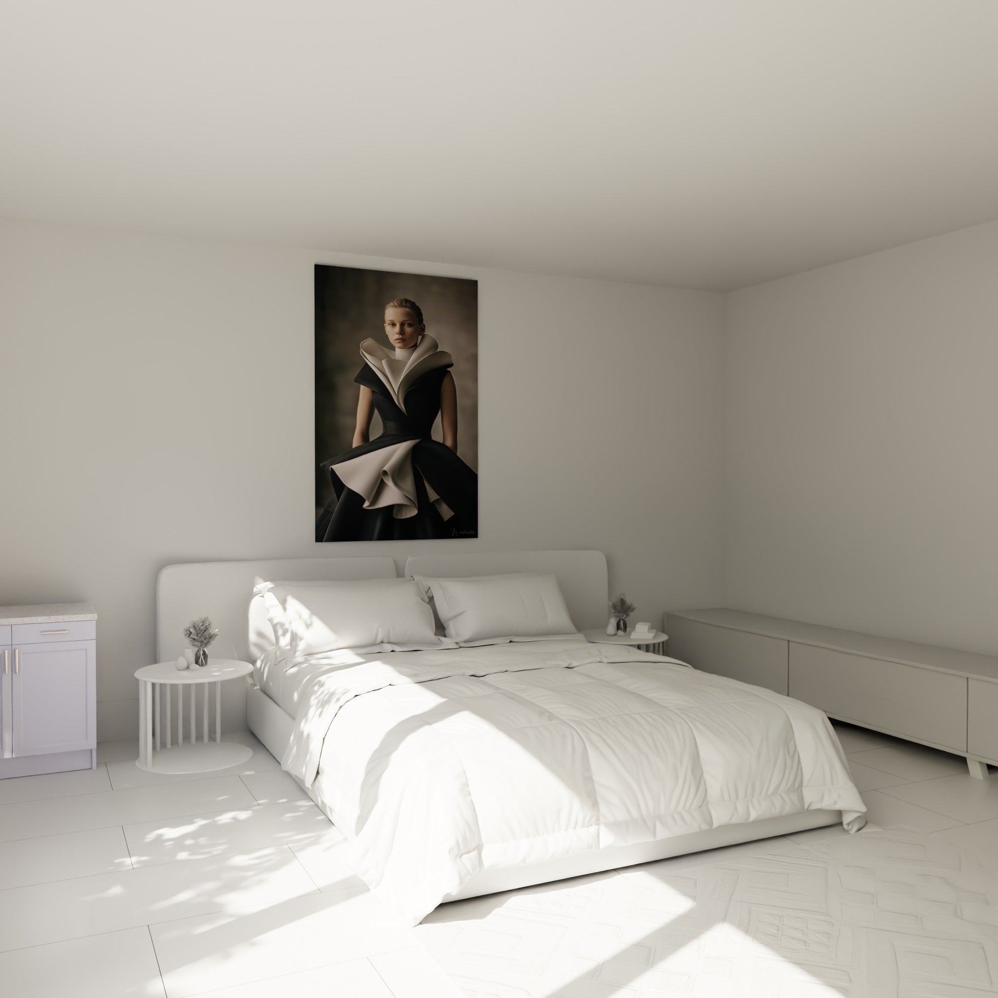 Silhouette en robe noire et ivoire drapée, tableau haute couture au-dessus d'un lit dans une chambre claire
