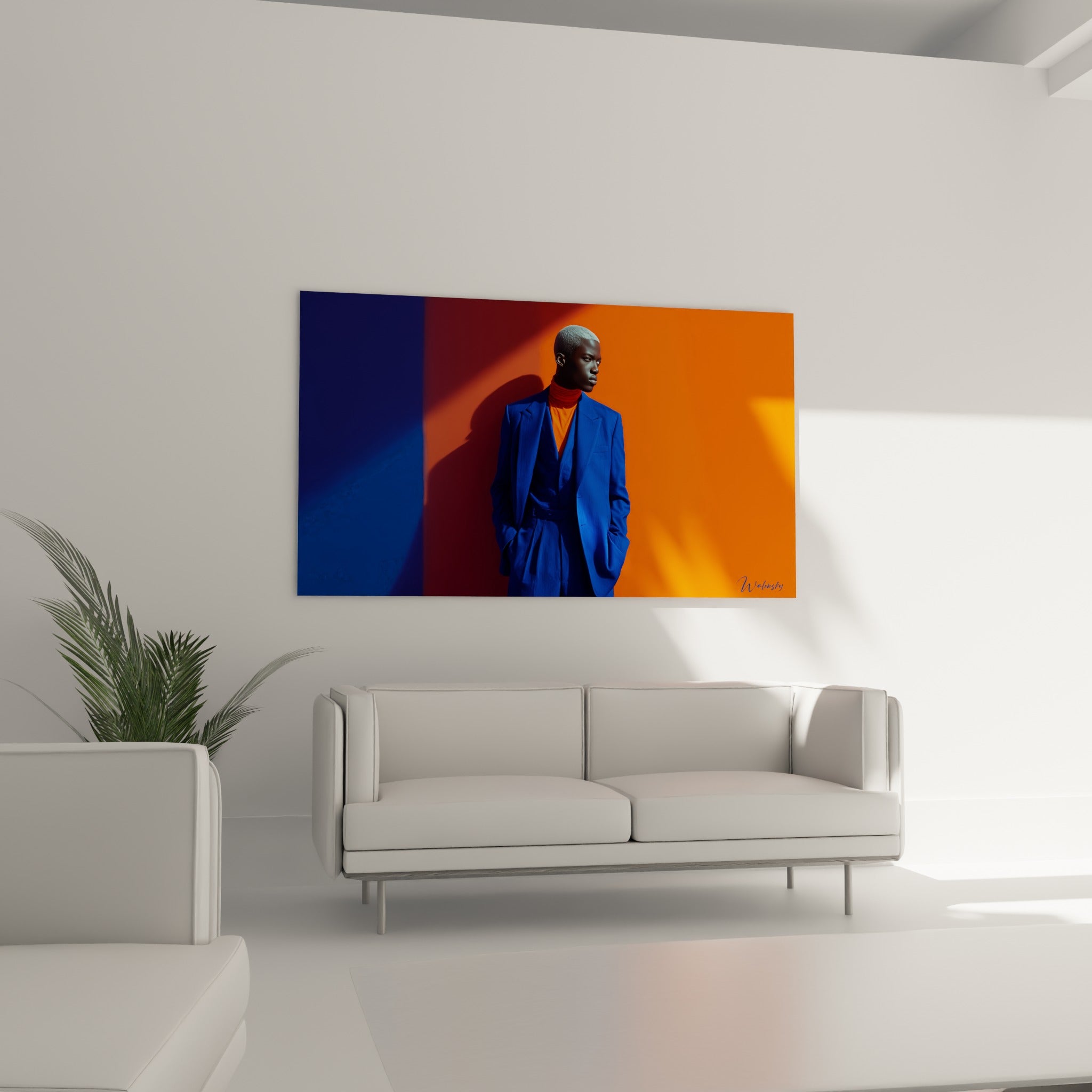 Personnage vêtu de bleu marine sur fond orange incandescent, disposé au-dessus d'un canapé dans un salon lumineux