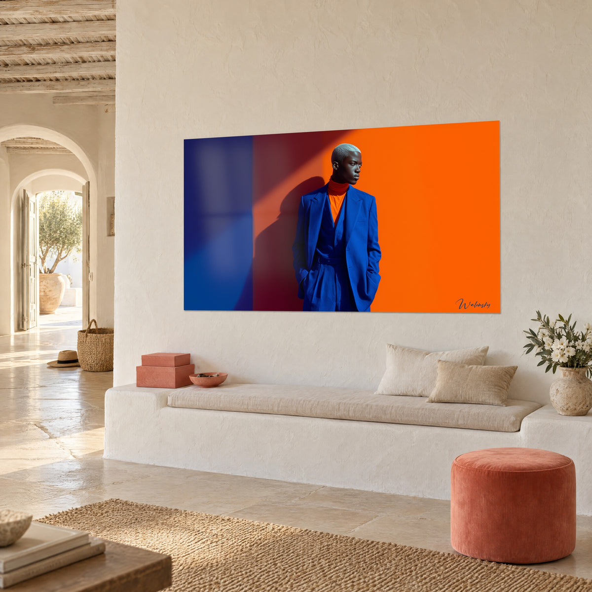 Wall art slender silhouette in cobalt blazer against a vivid orange wall, indigo stripe on the left, three-quarter view in a white house
