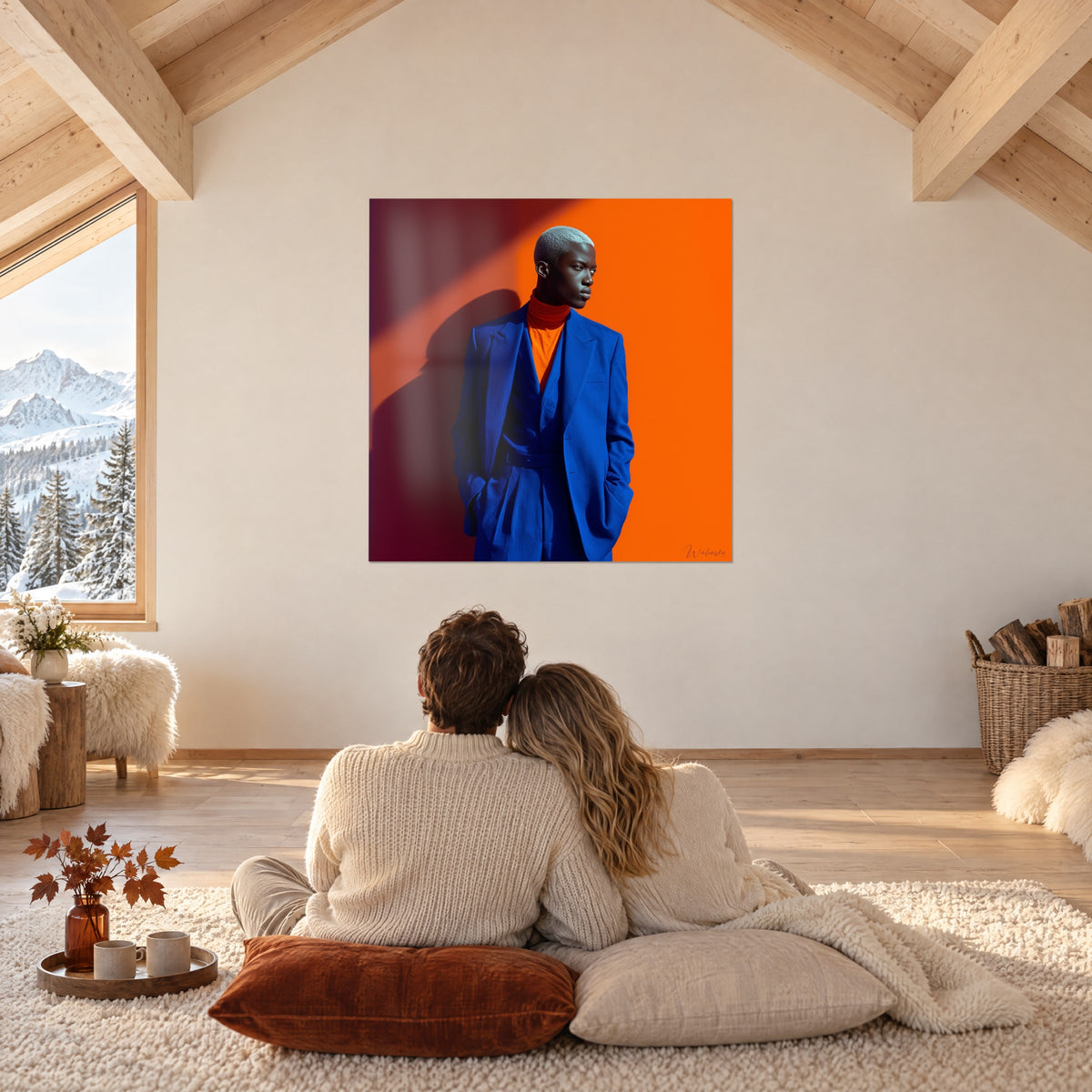 Wall art model with a profile gaze, sapphire blue tailored suit, flat orange field and burgundy shadow, beneath the beams of a chalet