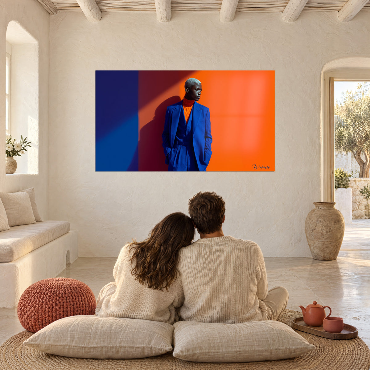 Wall art high-fashion look in royal blue, silver skull, orange wall and indigo half-light, above a reading corner with cream cushions