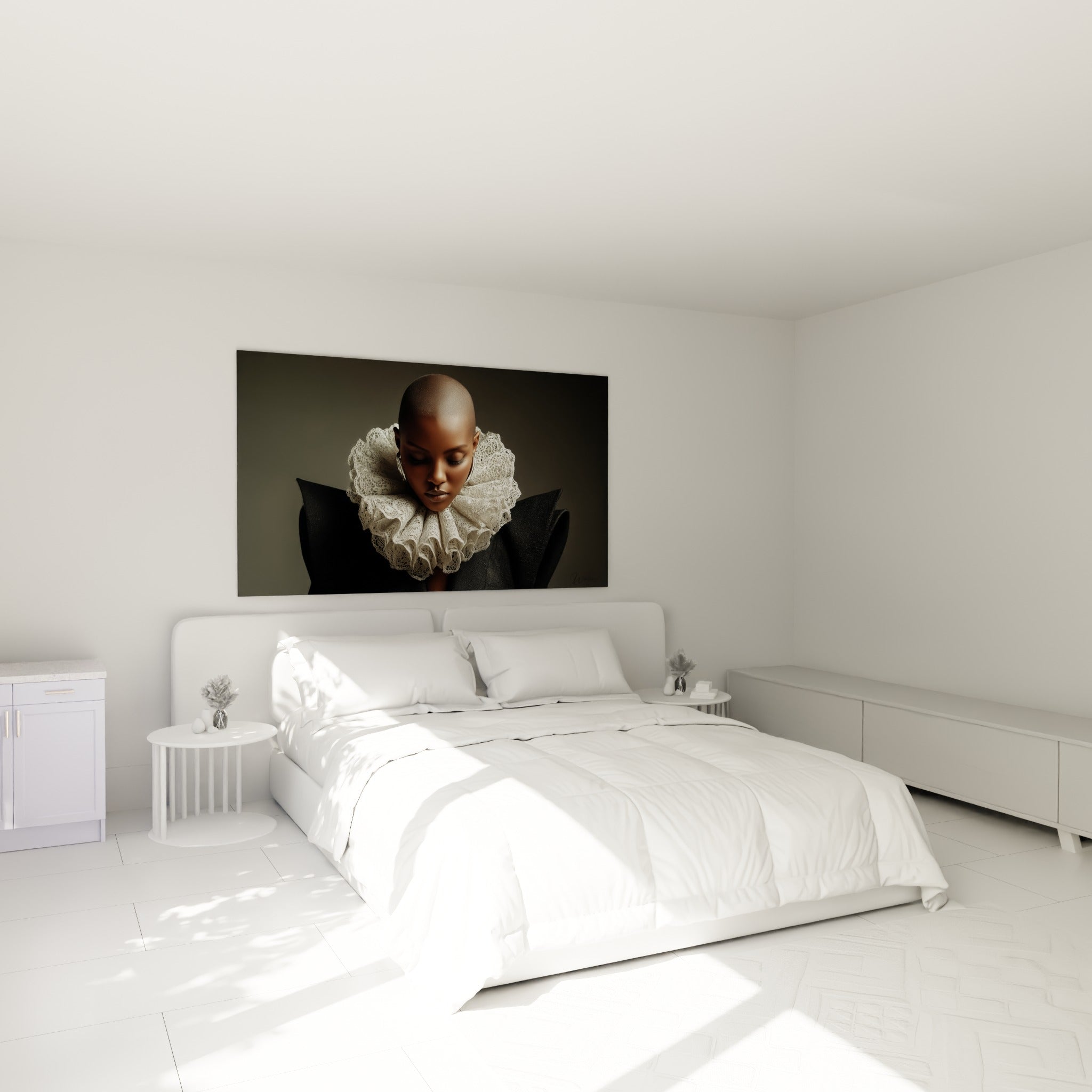 Visage serein orné d'une fraise blanche et d'une veste anthracite au-dessus d'un lit dans une chambre claire
