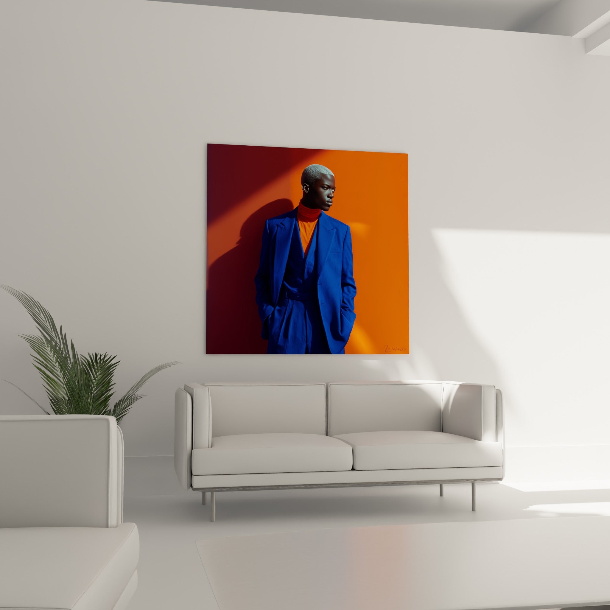 Portrait en bleu roi et orange intense, posture confiante, disposé au-dessus d'un canapé dans un salon lumineux