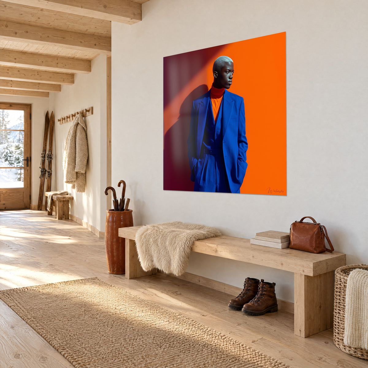 Wall art elegant dandy in cobalt blazer and red turtleneck, burgundy drop shadow, chalet wall beside a wooden bench