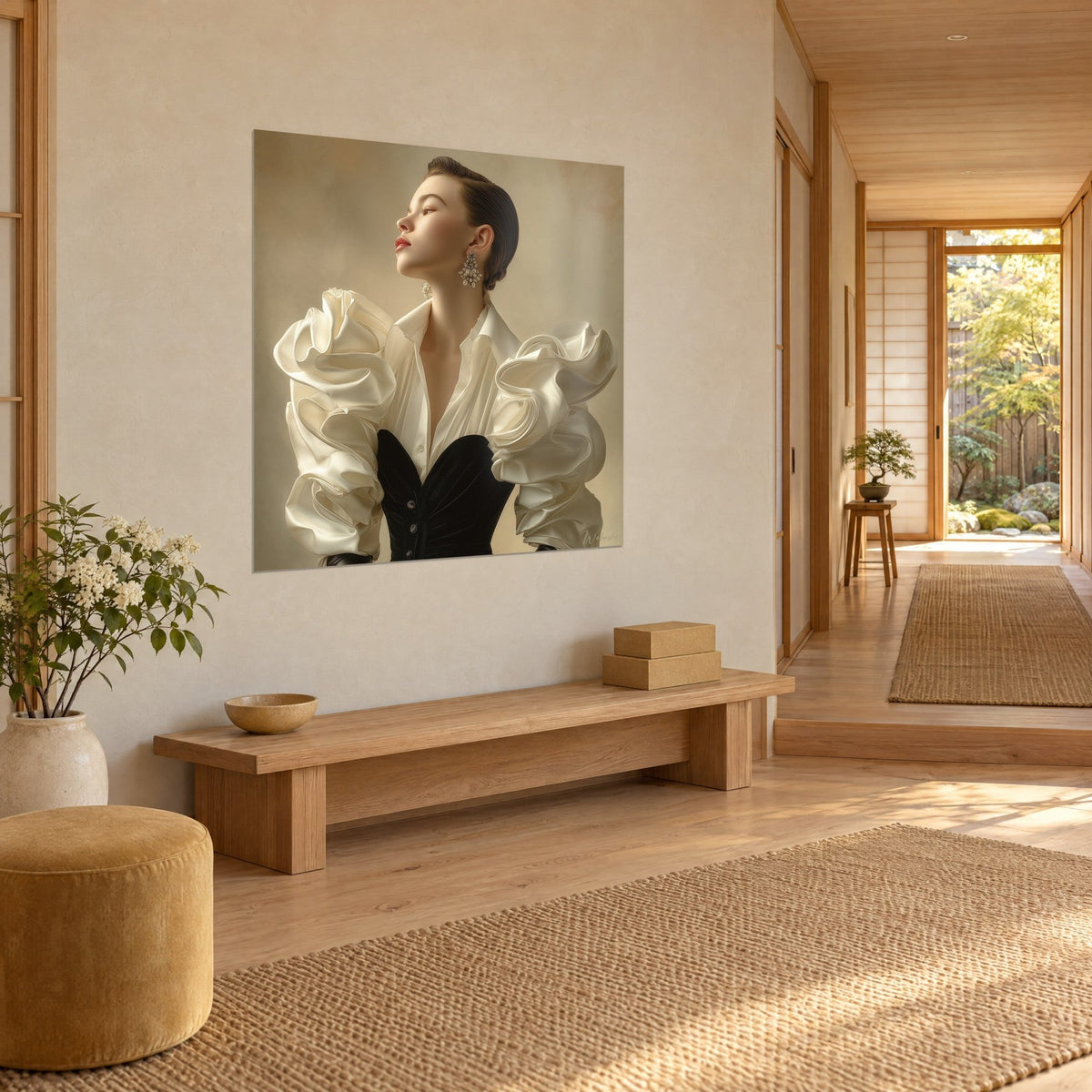 Quadro ritratto couture, orecchino di perle scintillante, raso crema in volute su fondo beige, ingresso japandi in legno chiaro