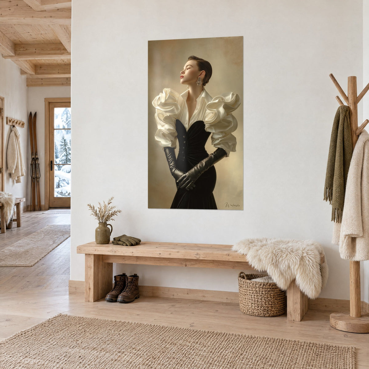 Quadro silhouette con bustier di velluto nero, spalle di raso crema arricciate, orecchini scintillanti, ingresso in legno chiaro di chalet