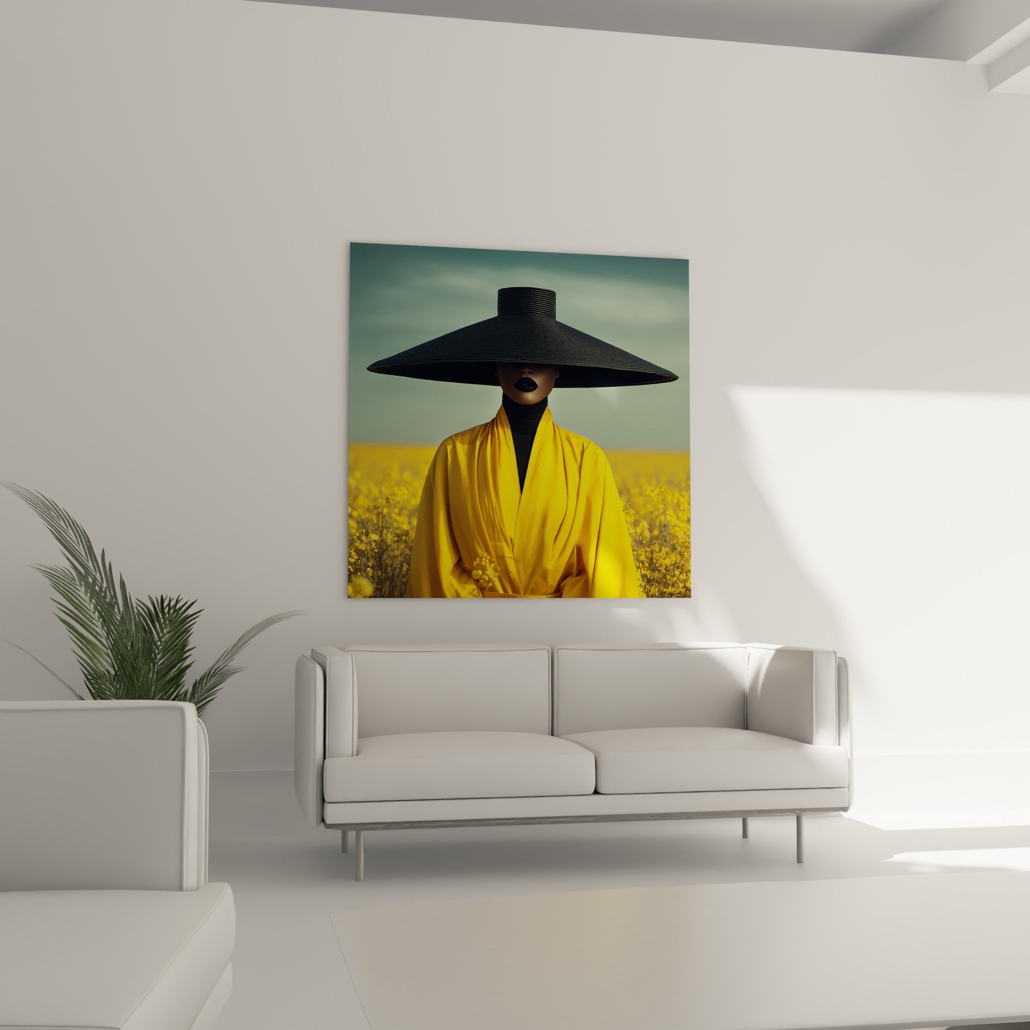 Portrait masqué en jaune et noir intense placé au-dessus d'un canapé dans un salon lumineux