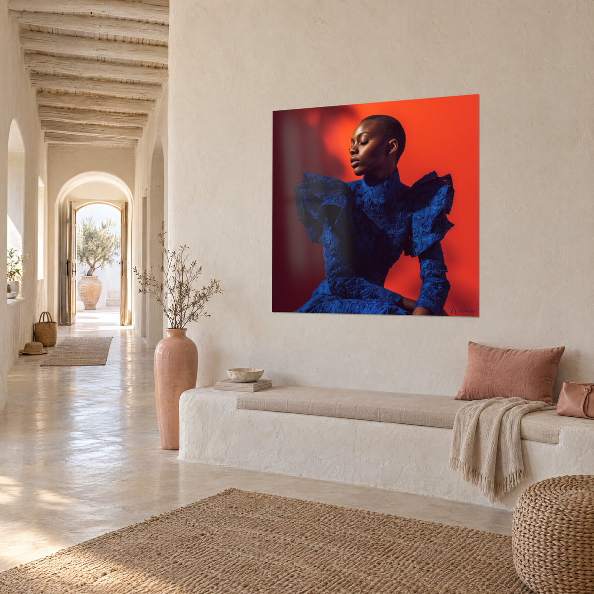 Cuadro de una modelo con los párpados cerrados, hombros con volantes azul cobalto sobre pared naranja rojiza, vista de tres cuartos, pasillo abovedado