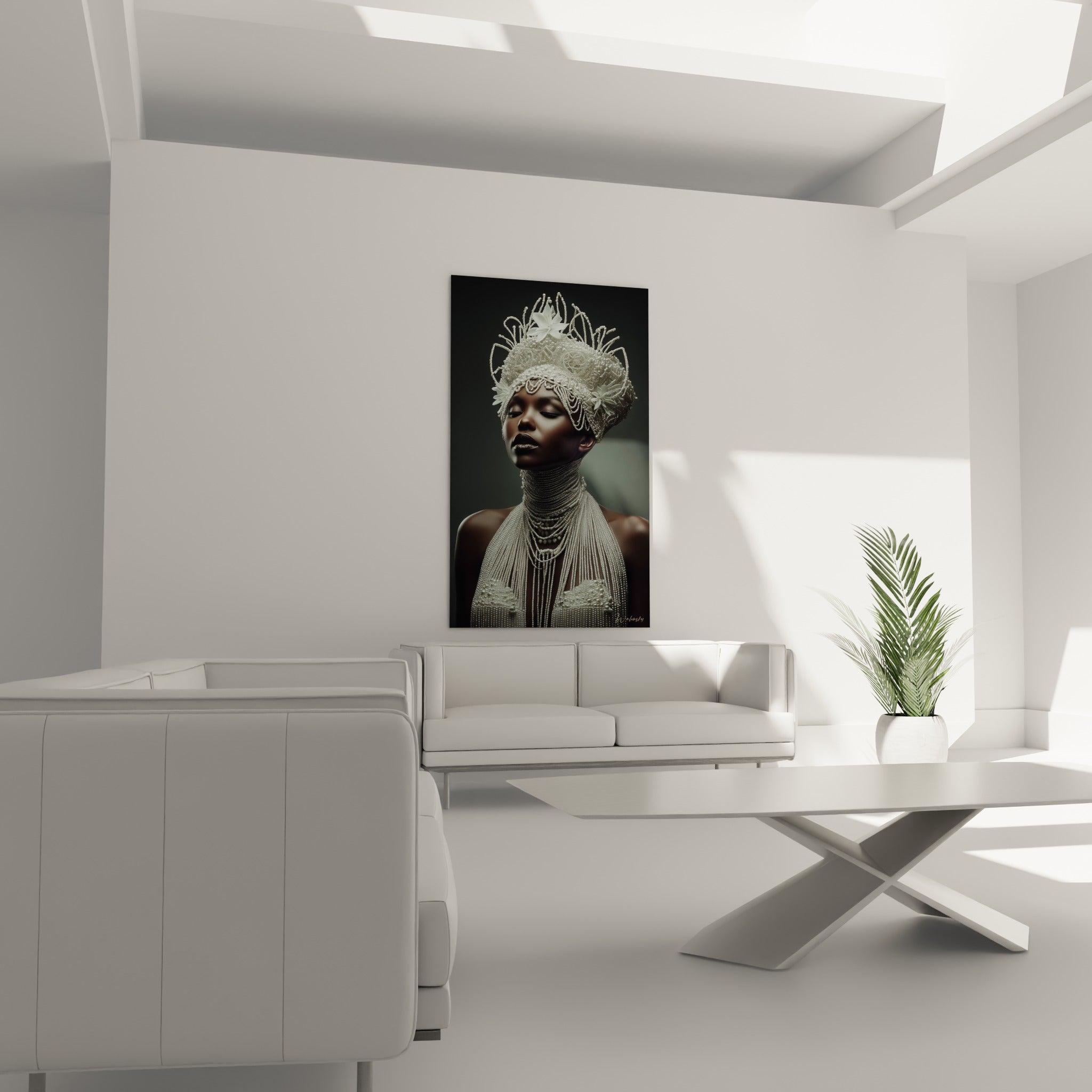 Visage serein couronné de perles nacrées accroché au-dessus d'un canapé dans un salon lumineux