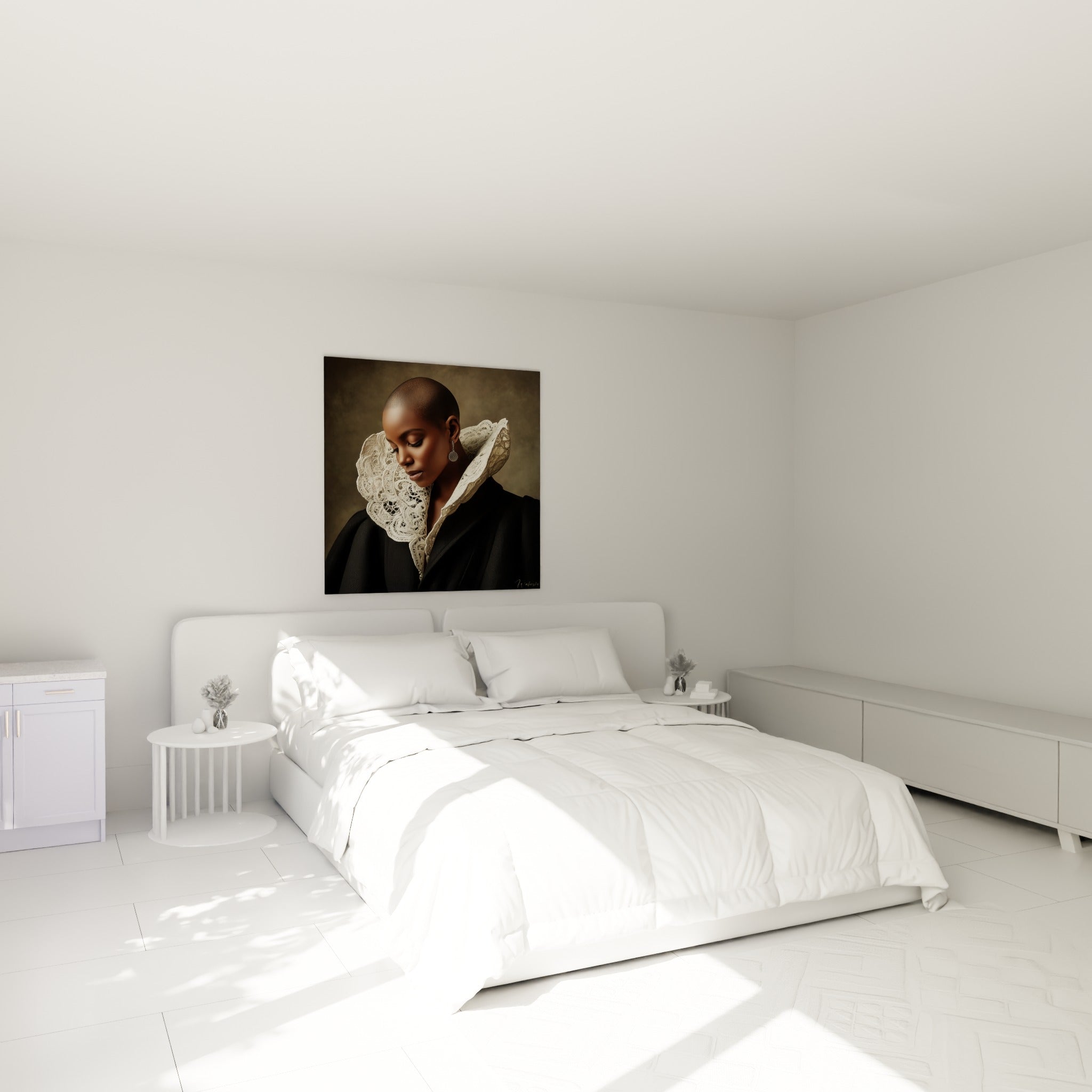 Portrait à la fraise ivoire et manteau noir profond, au-dessus d'un lit dans une chambre claire