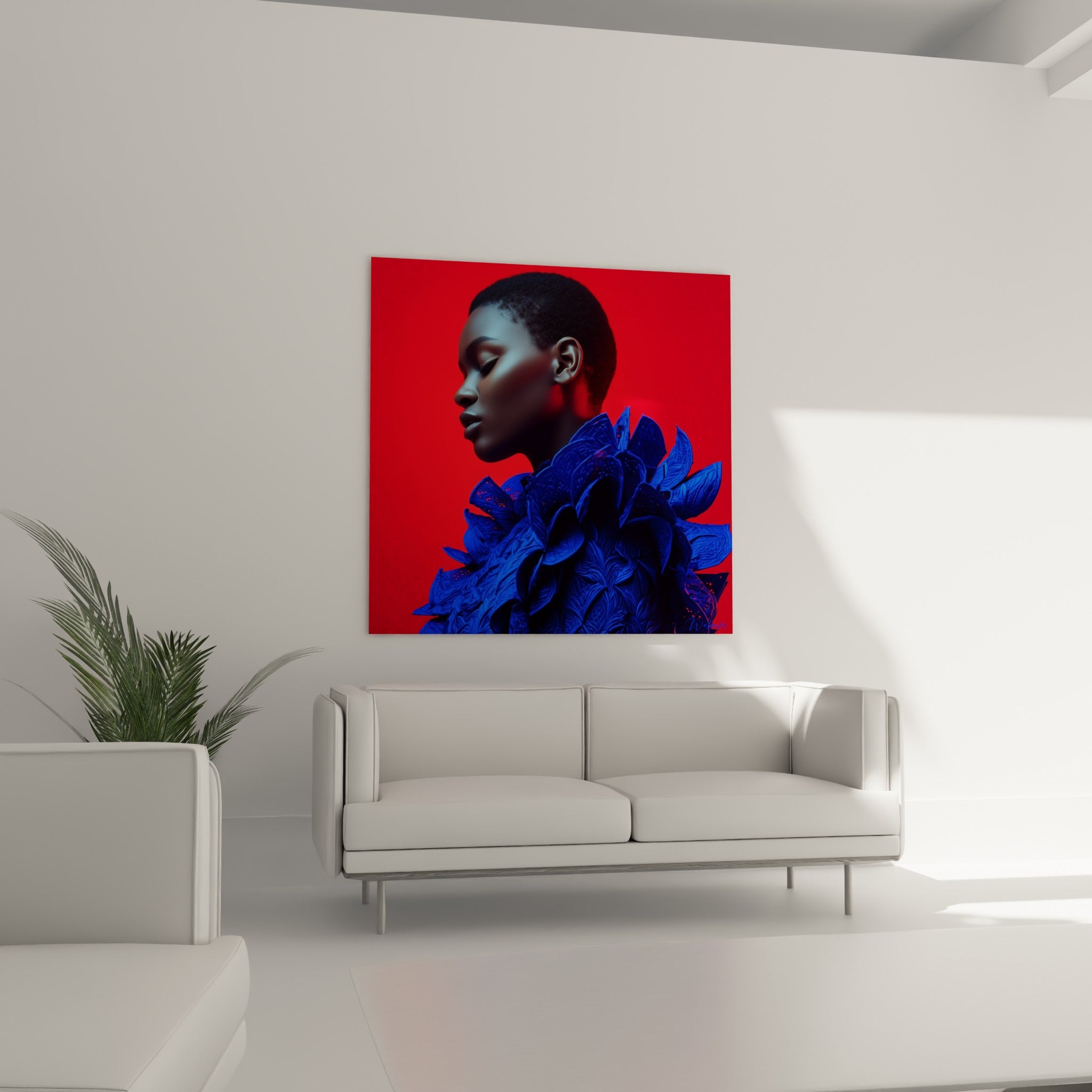 Silhouette aux volants bleu électrique sur fond rouge, au-dessus d'un canapé dans un salon lumineux