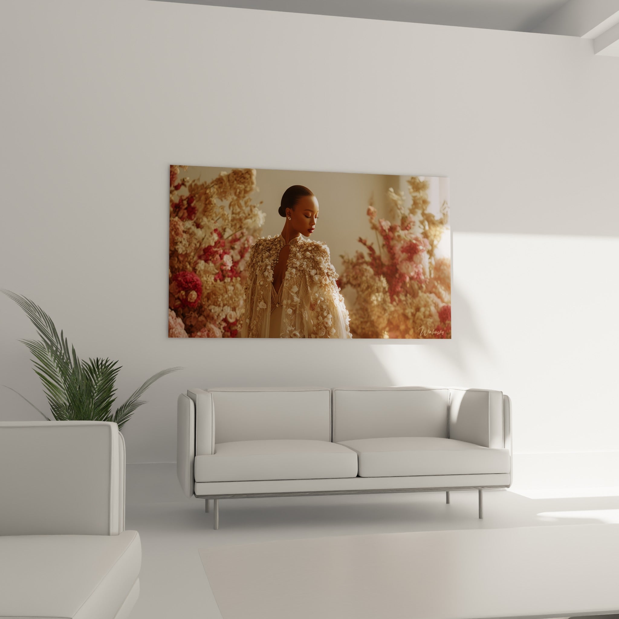 Profil féminin en robe perlée ivoire ornée de fleurs beige, au-dessus d'un canapé dans un salon lumineux