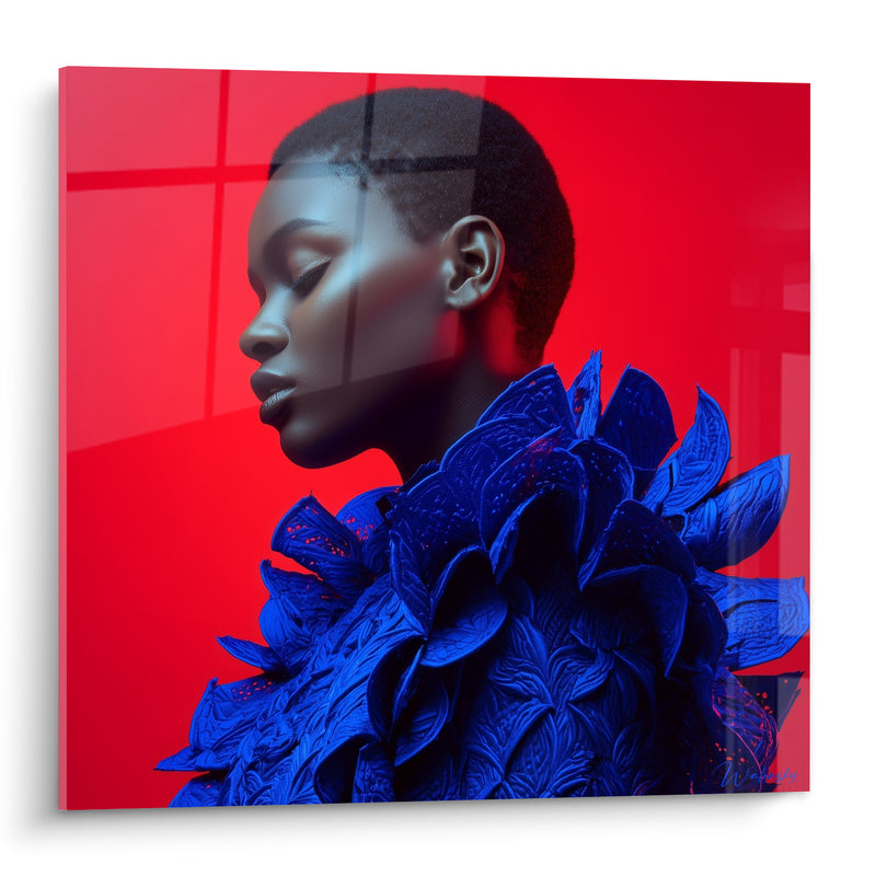 Tableau Silhouette rouge et bleue à volants sculptés - Port altier silencieux - Edition Haute couture