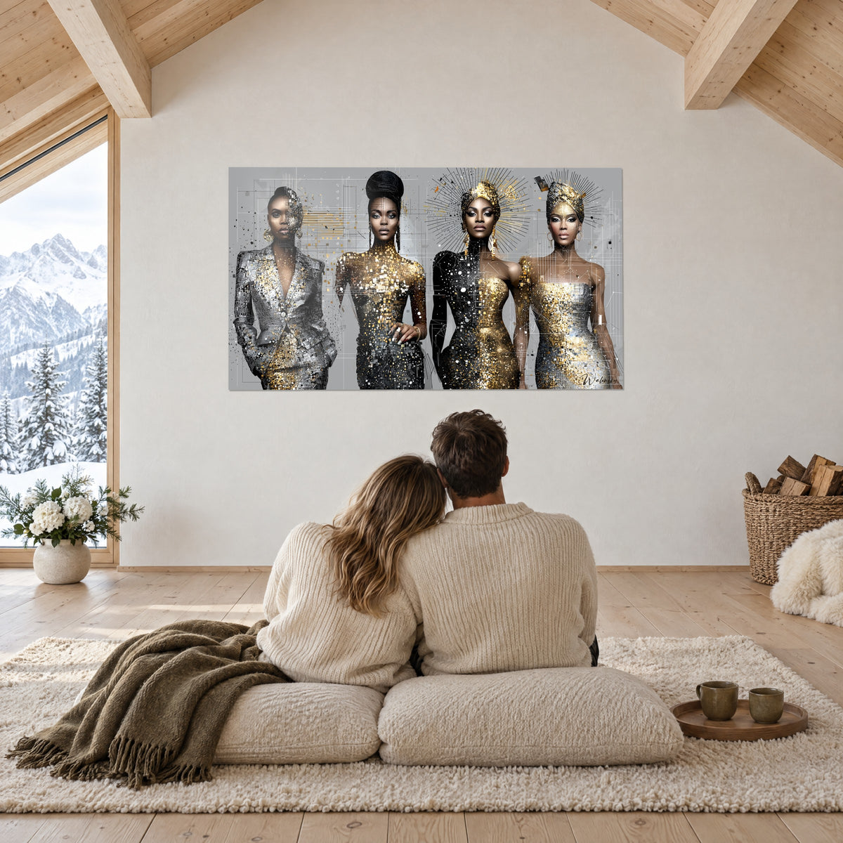Wall art four elegant women in gold, silver and black dresses, digital sparkles on grey, white wall of a mountain chalet