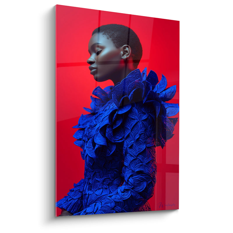 Tableau Robe bleue à pétales sur fond rouge - Crâne rasé profil - Edition Haute couture