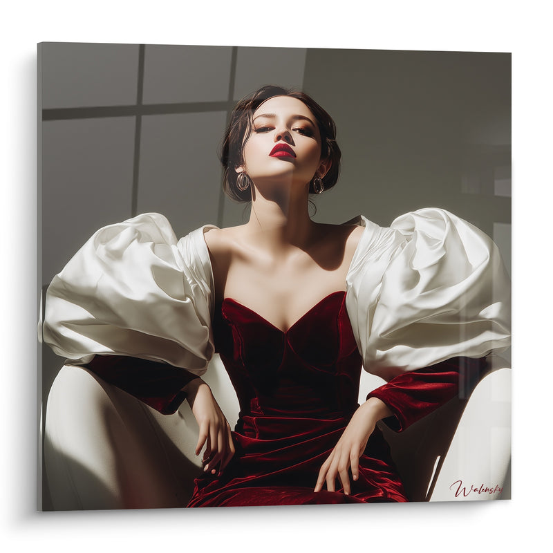 Tableau Femme robe bordeaux manches blanches bouffantes - Attitude souveraine - Edition Haute couture
