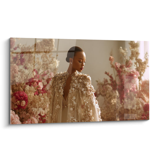 Tableau Mannequin robe brodée florale ivoire et rose - Instant suspendu - Edition Haute couture
