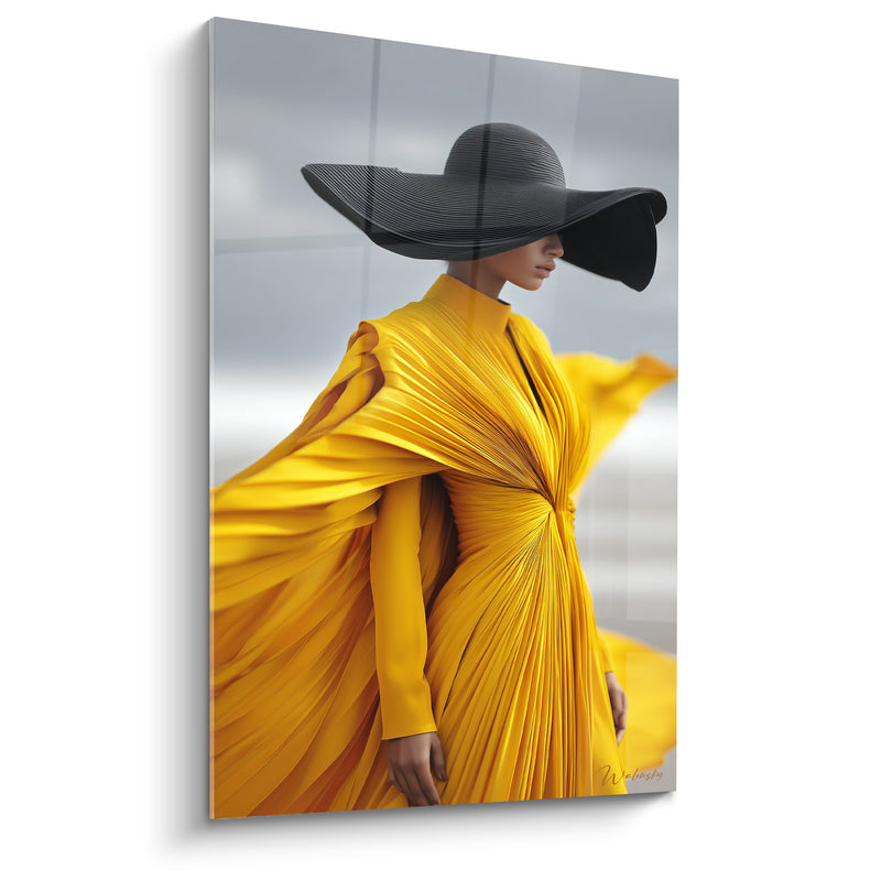 Tableau Silhouette voile jaune et chapeau noir - Envol majestueux - Edition Haute couture