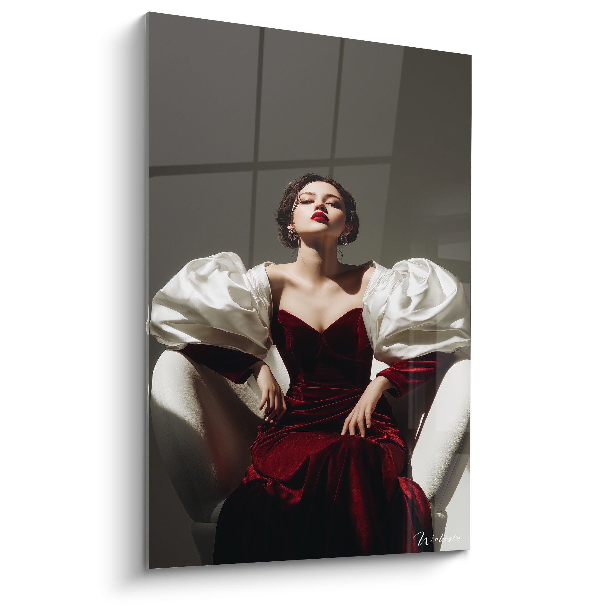 Tableau Haute couture d'une femme en robe velours bordeaux et manches blanches bouffantes