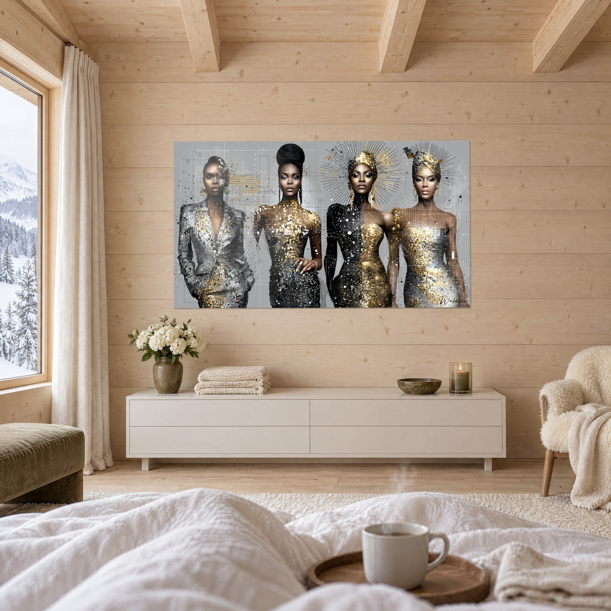 Wall art slender silhouettes in black and gold sequin dresses, sculptural hairstyles, above a bed in a bright bedroom