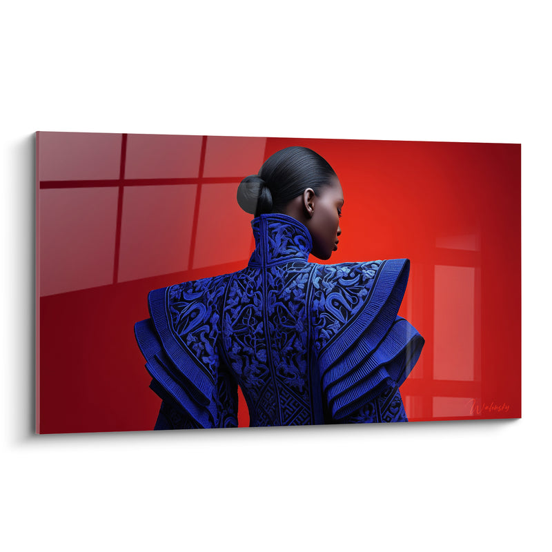 Tableau Veste bleu nuit brodée sur fond rouge écarlate - Chignon lissé sculptural - Edition Haute couture