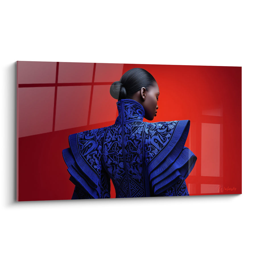 Gemälde Blaue Nachtjacke mit Stickerei auf Karminrot Hintergrund - Geschmeidter, skulpturaler Dutt - Haute Couture Edition