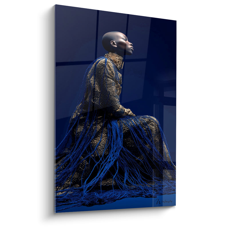 Tableau Silhouette dorée aux fils bleus fluides - Grâce souveraine - Edition Haute couture