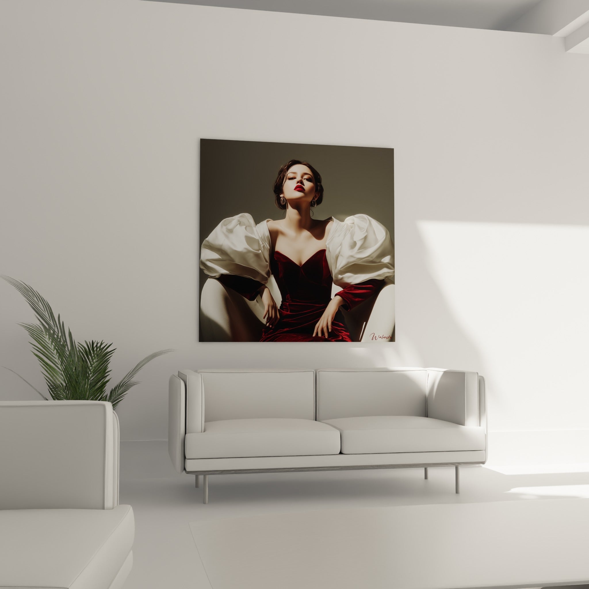 Femme en velours grenat et soie ivoire, accrochée au-dessus d'un canapé dans un salon lumineux