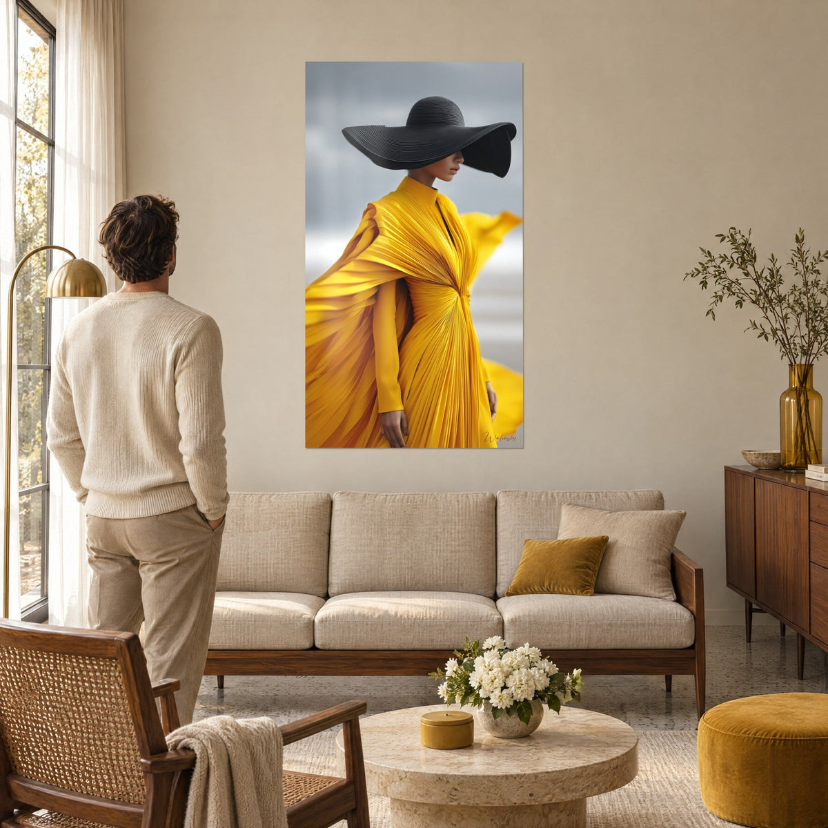 Quadro modella con ampio cappello nero drappeggiata da un velo plissettato giallo zafferano, cielo grigio, un uomo di spalle, sopra un divano in un soggiorno luminoso