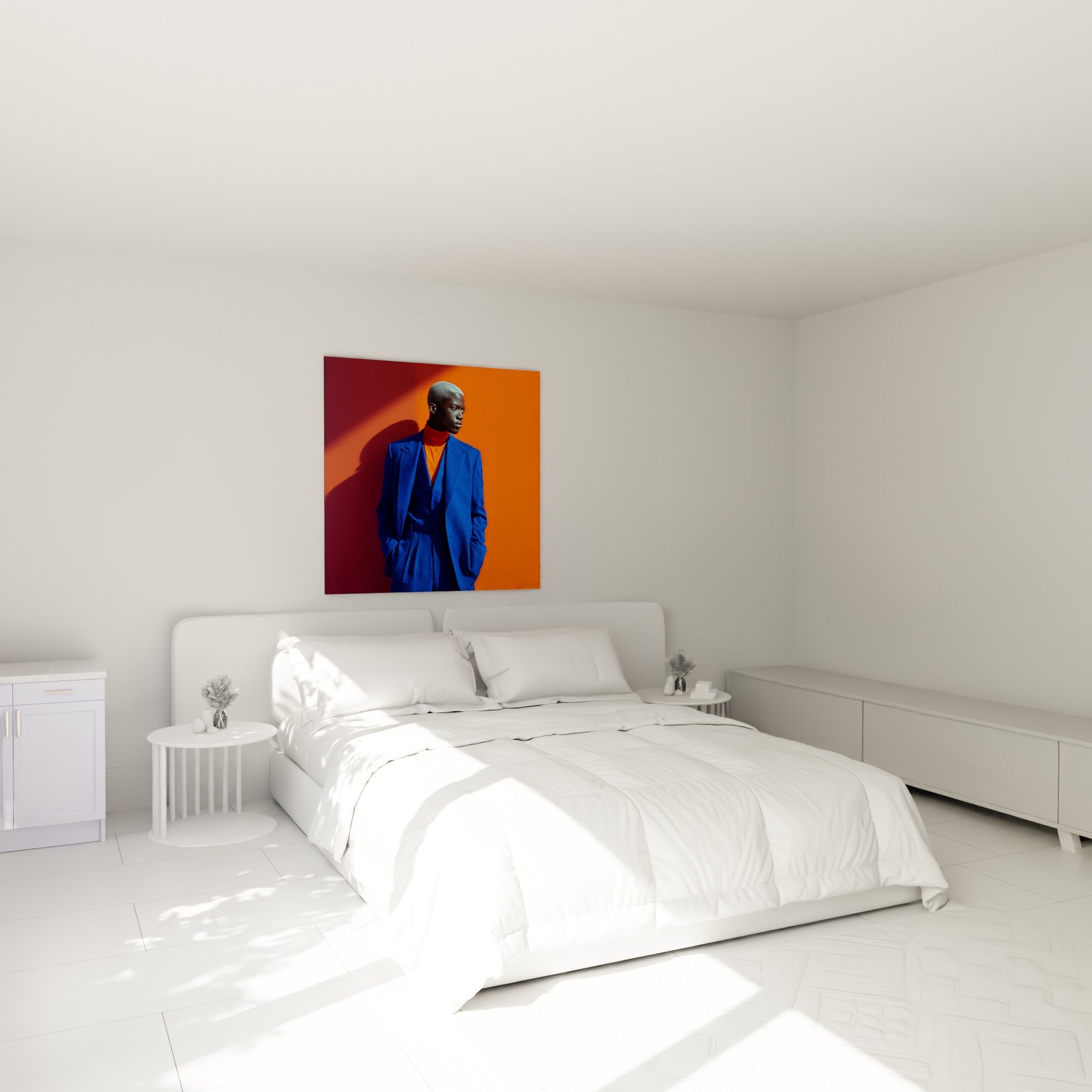 Personnage au costume bleu profond et col orangé, accroché au-dessus d'un lit dans une chambre claire