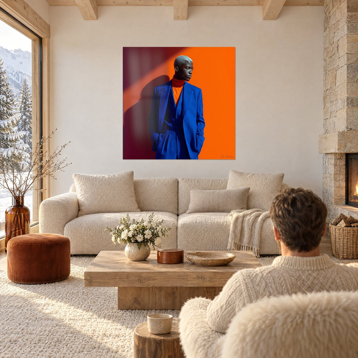 Wall art young model in royal blue suit, platinum blonde head in front of an orange wall, above a sofa in a bright living room