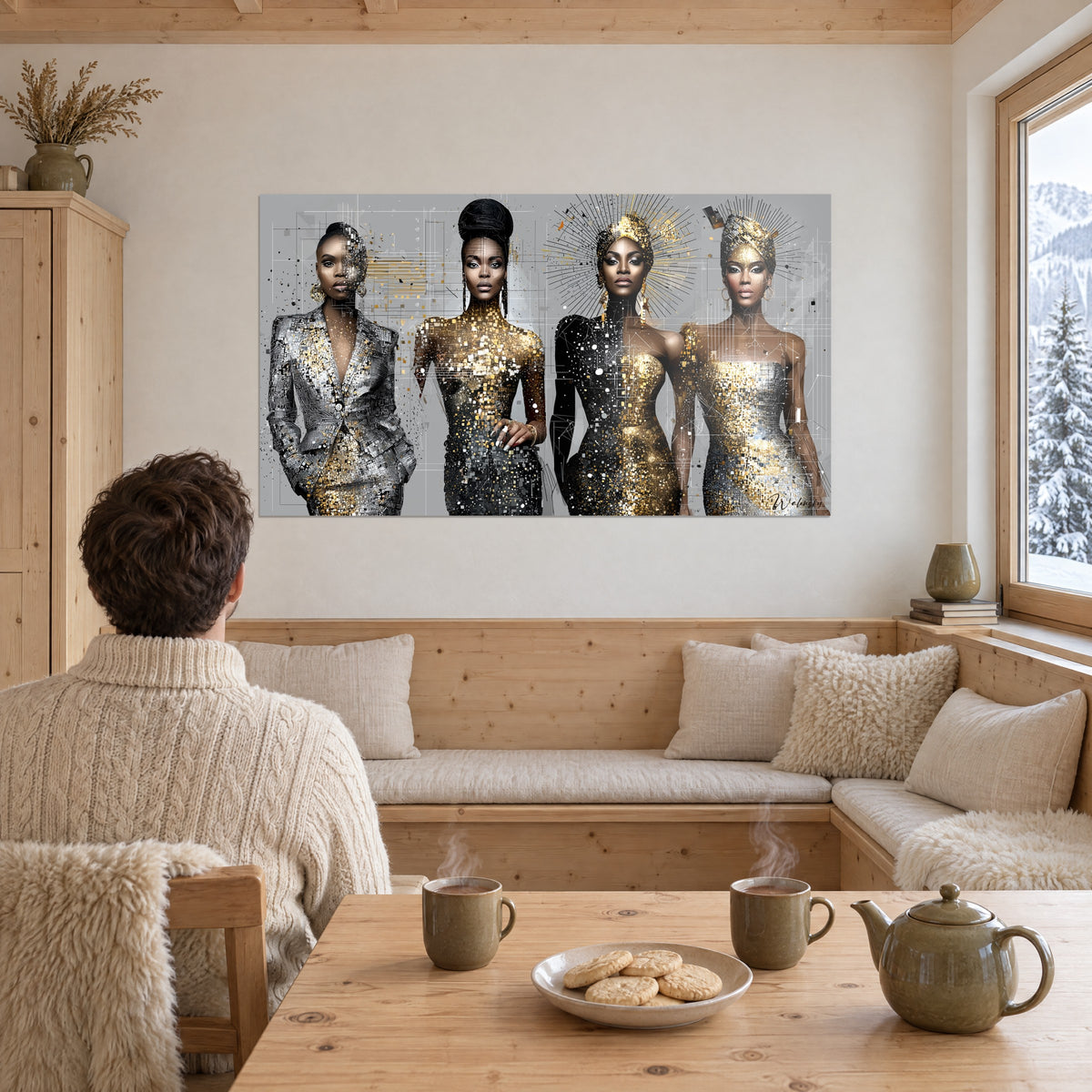 Wall art women in silver suits and gold sheath dresses, mosaic of shiny squares on a grey background, snowy chalet living room