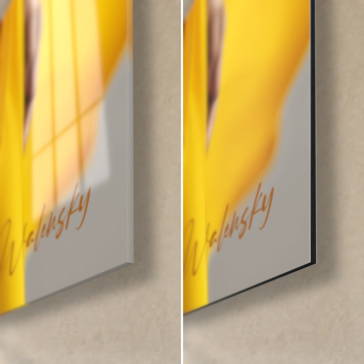 Quadro donna con velo giallo che svolazza, angolo in basso a destra, vetro acrilico lucido con riflessi e alluminio Dibond nero opaco, spessore 3 mm