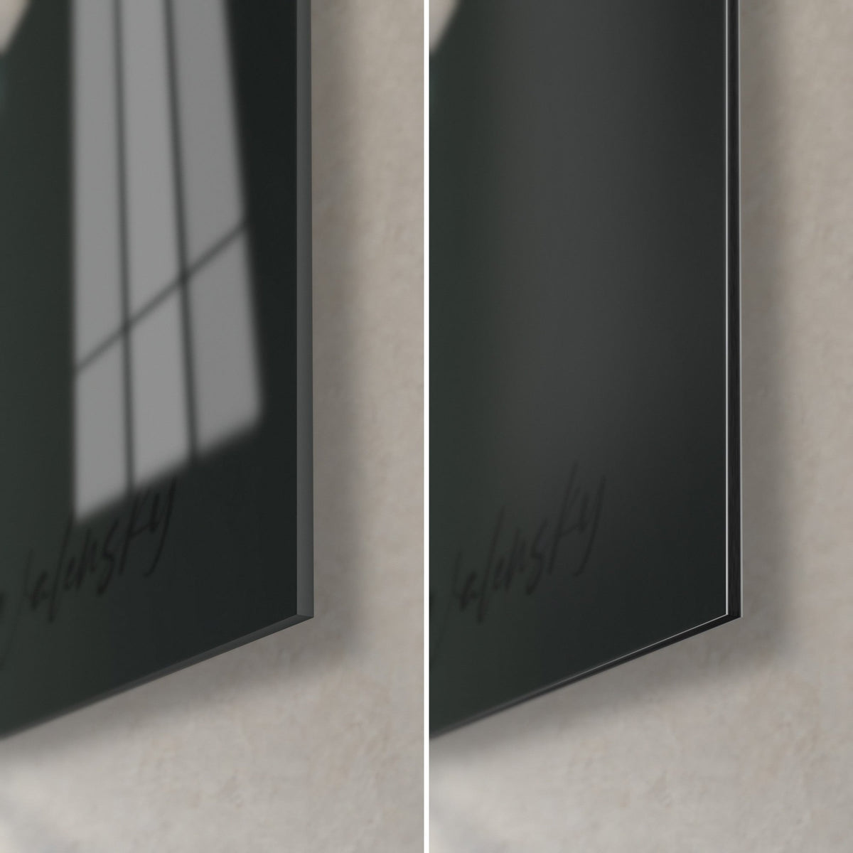 Gemälde Silhouette mit gefälteltem weißem Kragen, untere rechte Ecke: glänzendes Acrylglas mit Reflexen und mattes schwarzes Dibond-Aluminium, 3 mm Stärke