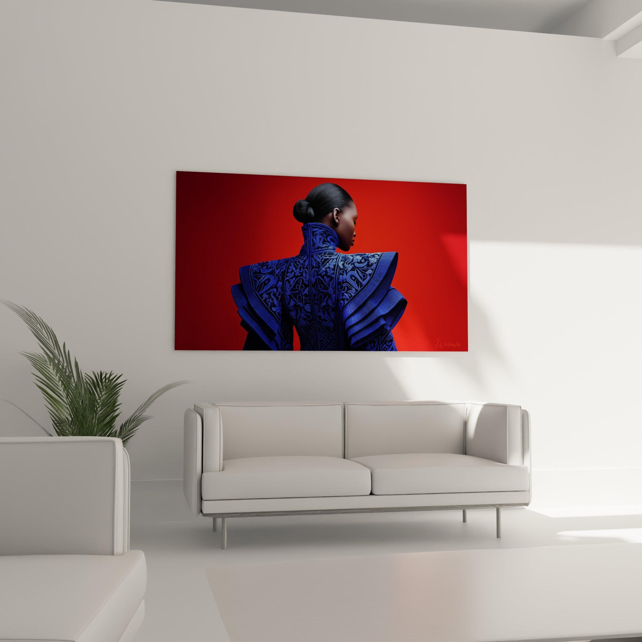 Vêtement Haute couture sculptural bleu marine sur fond rouge au-dessus d'un canapé dans un salon lumineux