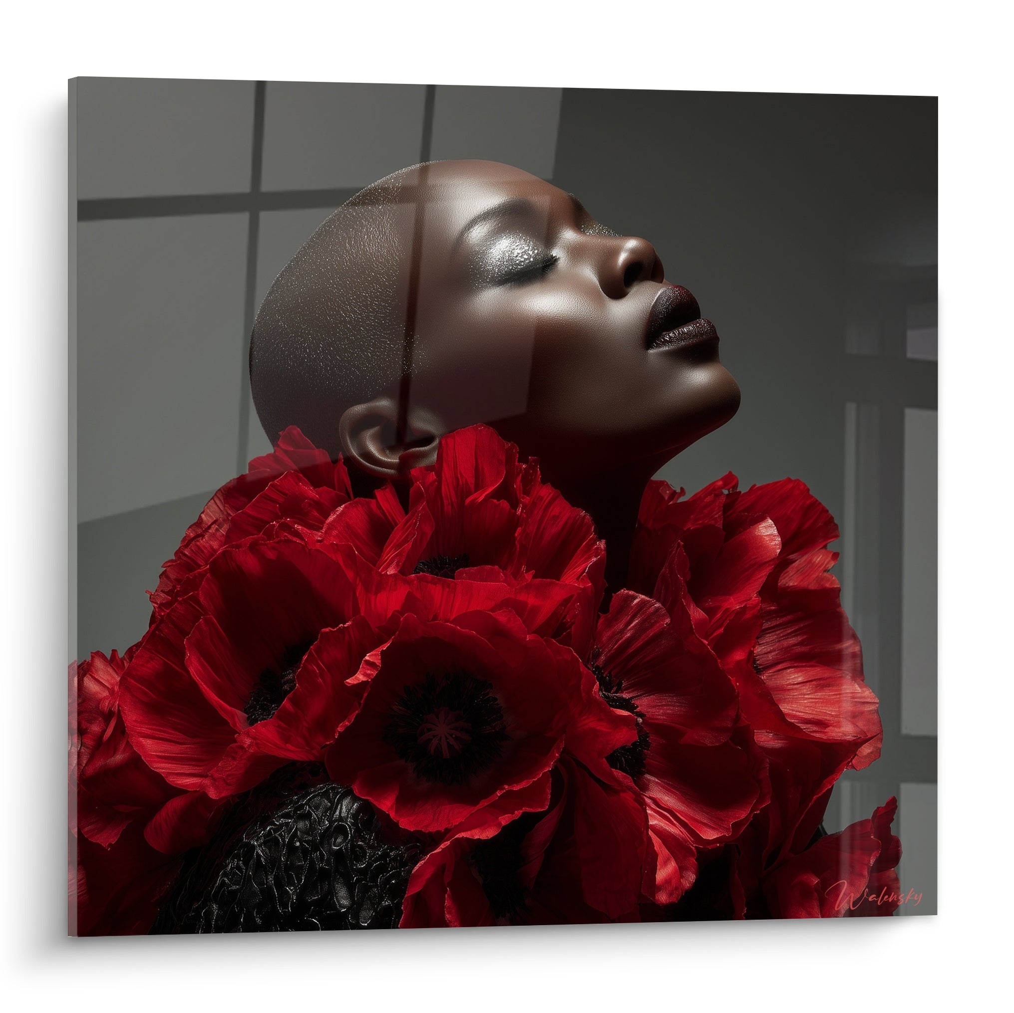 Visage anthracite renversé sous des coquelicots rouge intense, tableau Haute couture au fond gris quadrillé