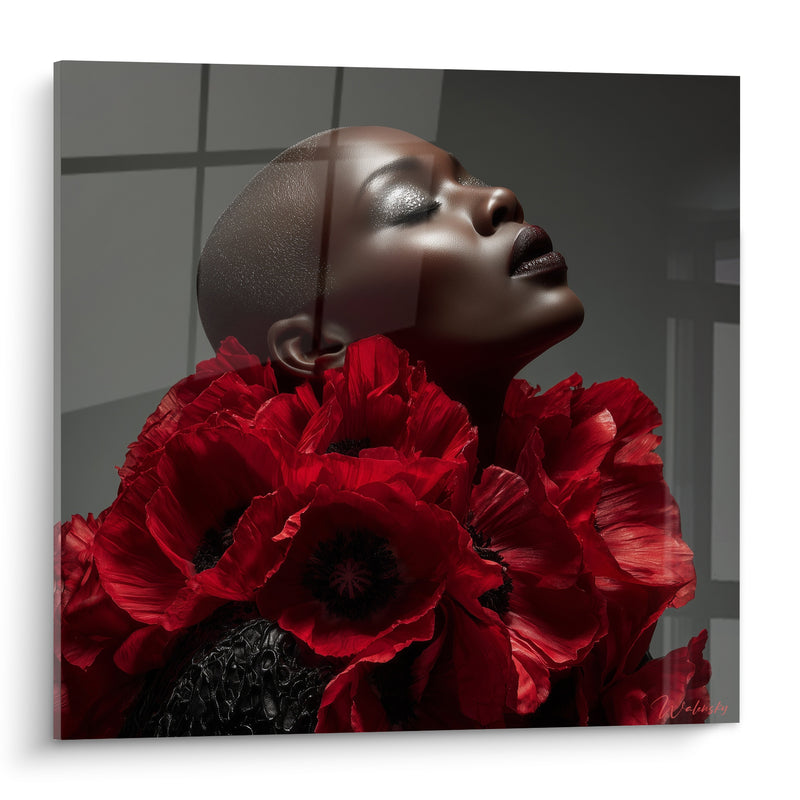 Tableau Femme au col de coquelicots rouges - Extase florale - Edition Haute couture
