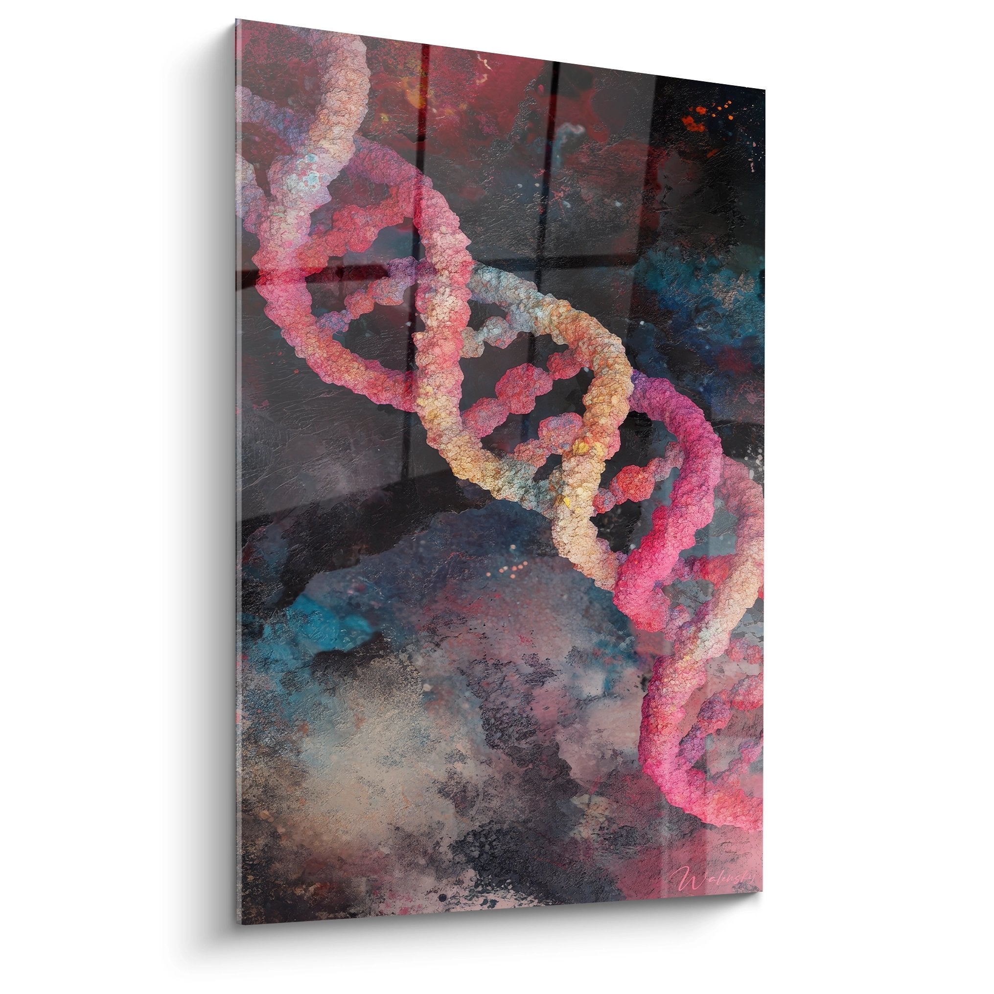 Tableau mural représentant une hélice d'ADN colorée sur fond cosmique abstrait multicolore