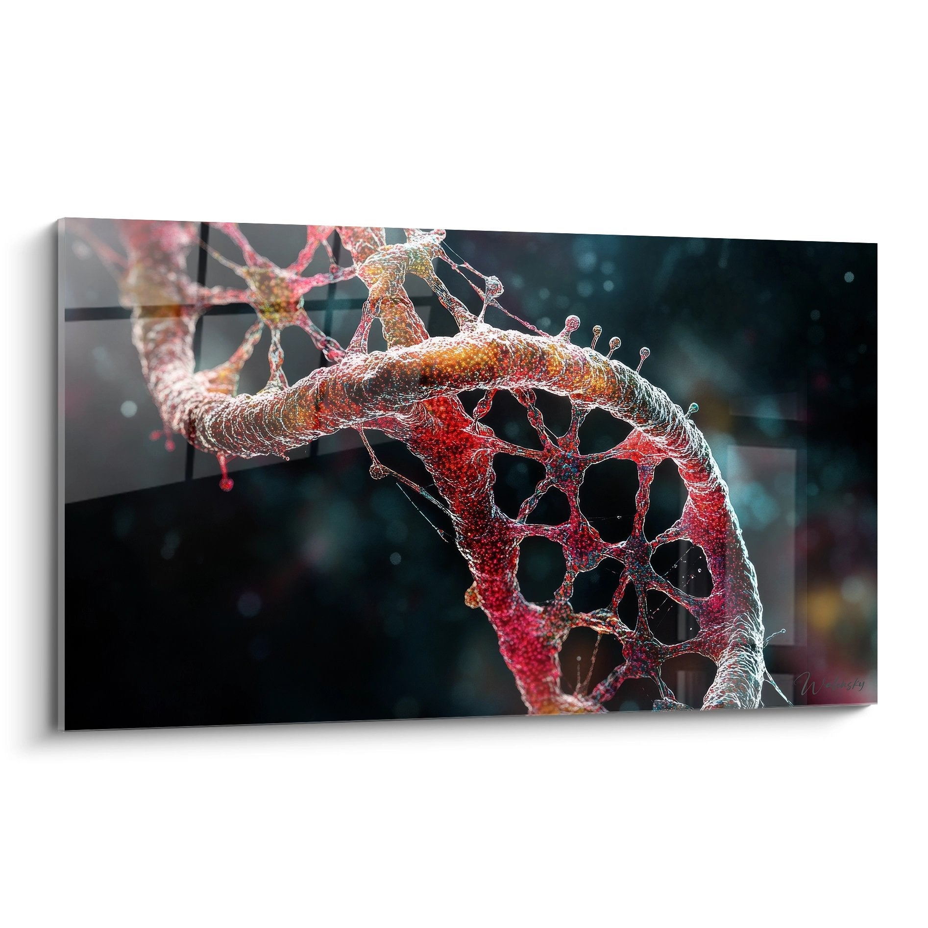 Tableau mural hélice ADN double brin rouge et doré, structure moléculaire scientifique moderne