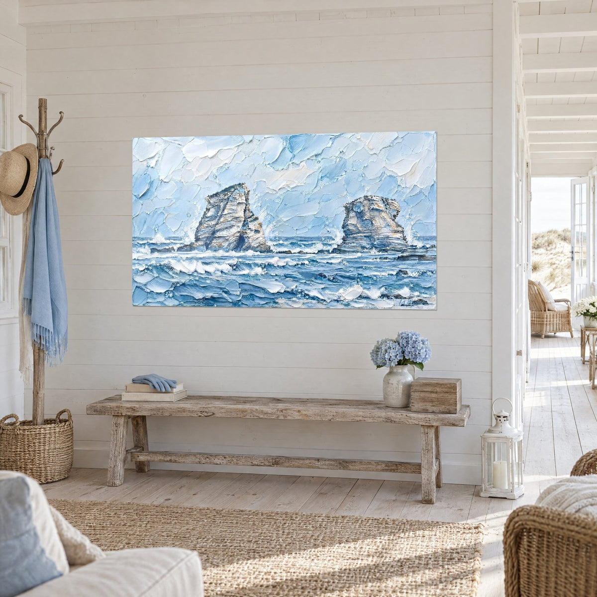 Wall art twin sea cliffs sculpted in thick paste, ivory and steel blue sandstone, white waves, on a paneled wall of a coastal house