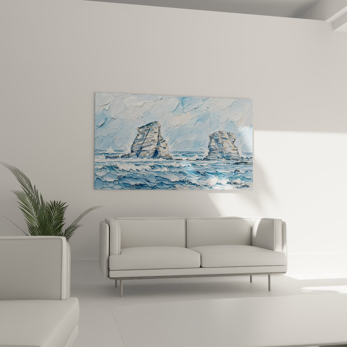 Formation rocheuse ocre cernée de vagues bleu pétrole, au-dessus d'un canapé dans un salon lumineux