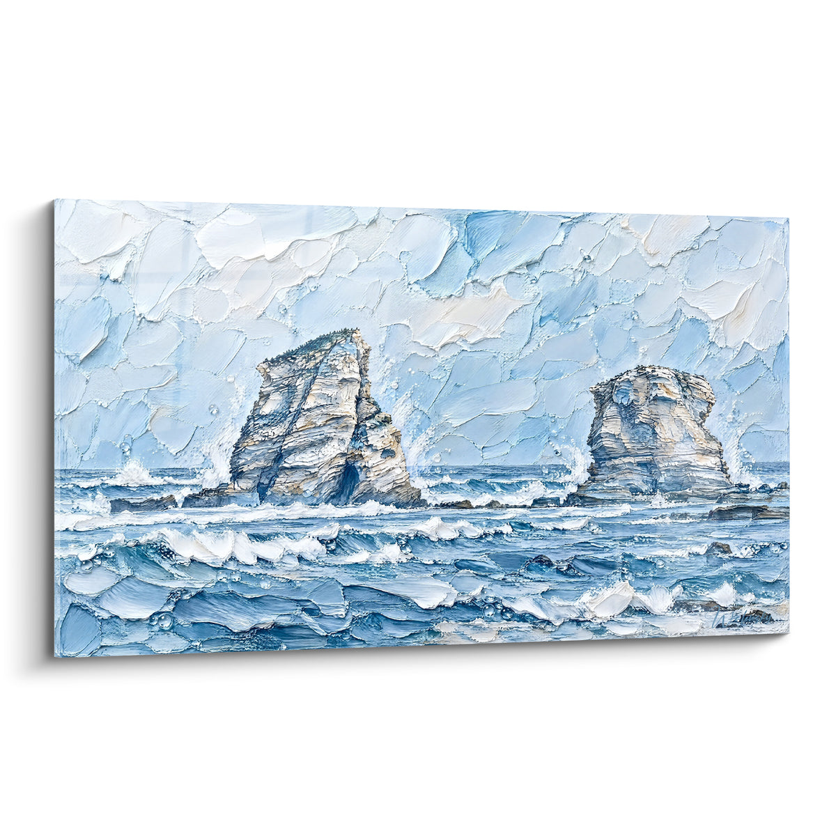 Rochers des Deux Jumeaux en bleu marine et ocre, vagues écumeuses peintes en relief épais