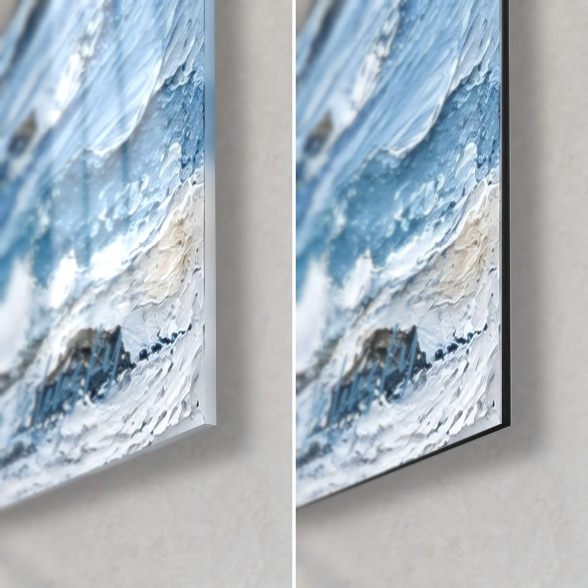 Wall art two rocks of Hendaye in textured paint, bottom right corner: glossy acrylic glass on the left, matte black Dibond on the right