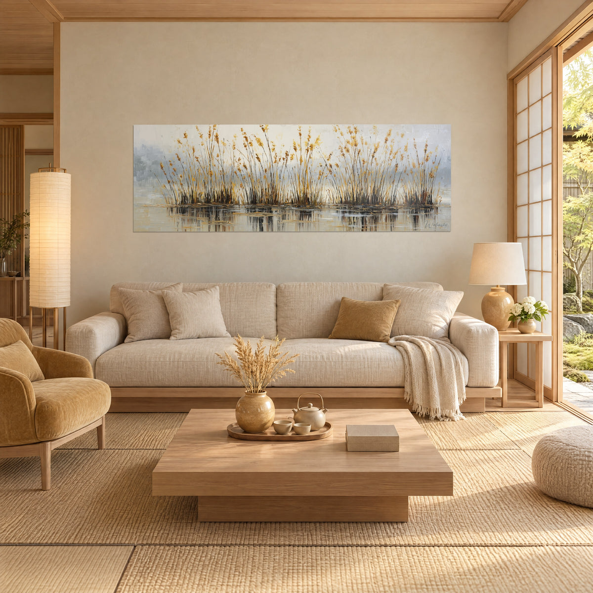 Gemälde Schilfrohr in Ocker, das sich im grauen Wasser spiegelt, mit cremeweißen Akzenten, über einem Sofa in einem hellen Wohnzimmer
