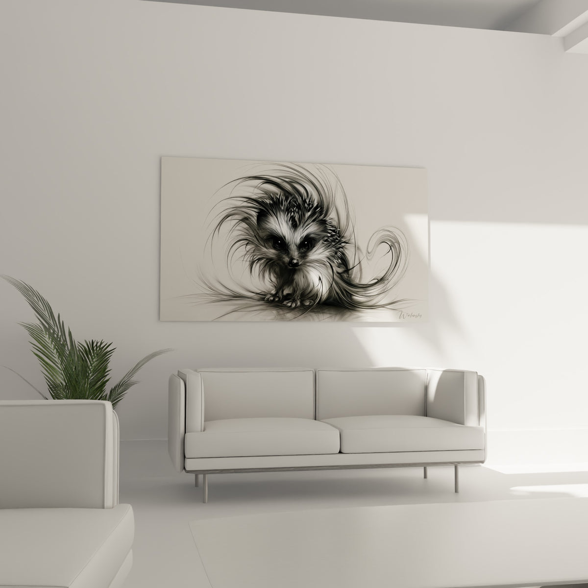 Fourrure hérissée en mèches grises et noires fluides, disposée au-dessus d'un canapé dans un salon lumineux