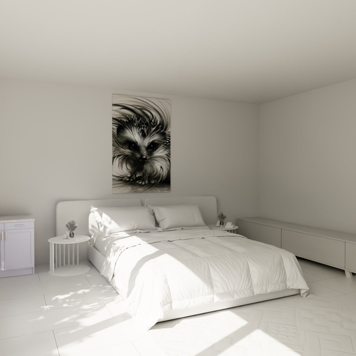 Portrait de hérisson anthracite aux mèches esquissées, accroché au-dessus d'un lit dans une chambre claire