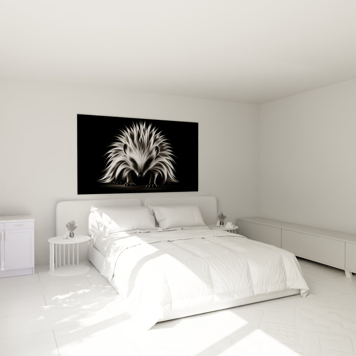 Hérisson blanc et anthracite au pelage hérissé, accroché au-dessus d'un lit dans une chambre claire