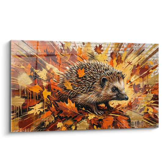 Quadro Riccio Autunnale su Sfondo di Mattoni e Fogliame Dorato - Splendore Selvaggio - Edizione Riccio