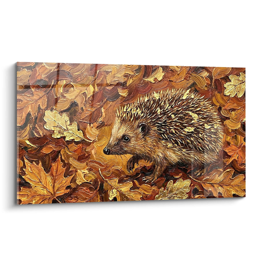 Tableau Hérisson aux Tons Automnaux dans un Lit de Feuilles Dorées - Peinture à l'Huile - Edition Hérisson